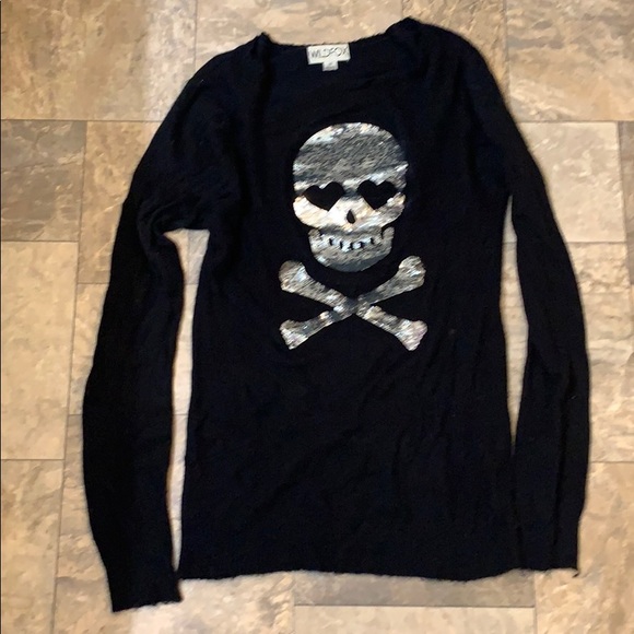 Wildfox Black & Silver Sequin Love Skull Halloween Relaxed Knit Sweater - Picture 6 of 10